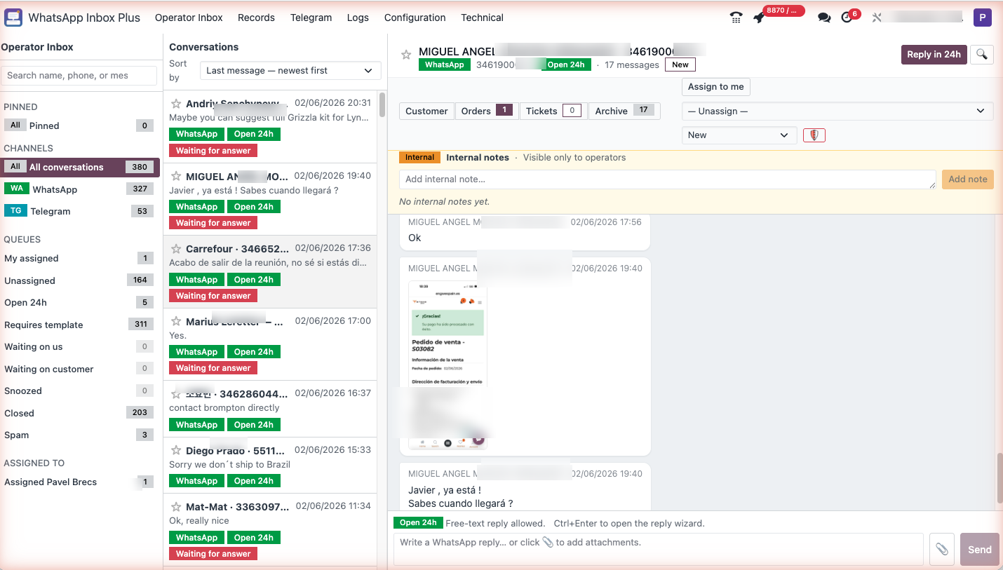 Единый инбокс WhatsApp и Telegram внутри Odoo