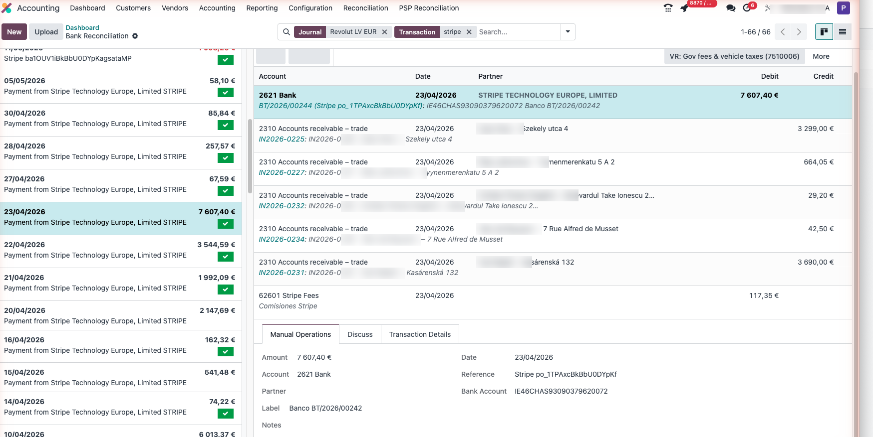 Банковская сверка в Odoo раскладывает выплату Stripe по инвойсам